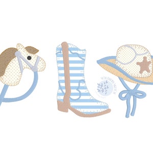 Applique Cowboy Trio Rodeo Hat, Boots, Toy Horse Stick Blanket E Stitch Boy Girl Machine Embroidery Design File Instant Digital Download