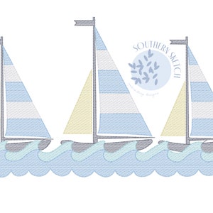 May include: Three blue and white striped sailboats with yellow sails are sailing on blue and green waves. The image includes the text "SOUTHERN SKETCH Embroidery Designs".
