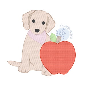 Back to School Puppy Apple Girl Boy Labradoodle Dog Lab Sketch Light Fill Machine Embroidery Design Pattern Digital Download 4x4, 5x7, 6x10