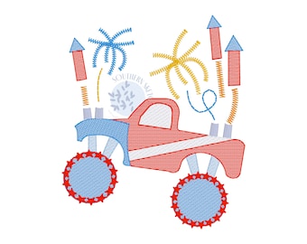 4th of July Monster Truck Sketch Light Fill Machine Embroidery Design Independence Day Stars Boy Jam Fireworks Digital Download 4 sizes