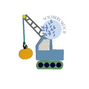 Mini Fill Crane Truck Holding Pumpkin Wrecking Ball Fall Machine Embroidery Design file size 2.25", 2.5"