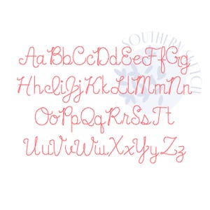 May include: A full cursive alphabet in a soft coral hue, displayed on a white background. The letters, from A to Z, are arranged in two rows. The image includes the text "SOUTHERN SKETCH".