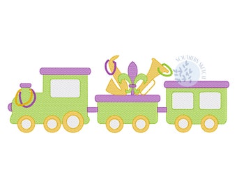 Mardi Gras Train Fleur De Lis Beads Choo Choo Train Machine Embroidery Design File Pattern Instant Digital Download 4x4, 5", 5x7, 6x10