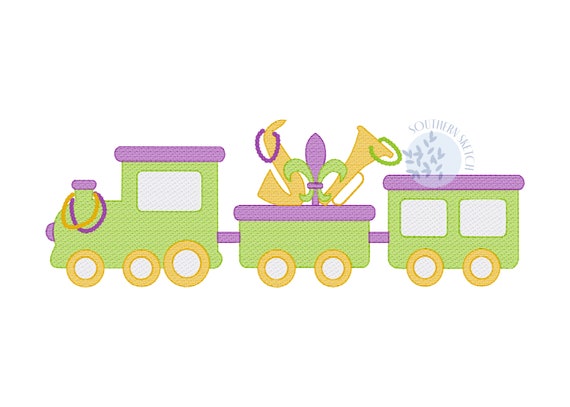 Mardi Gras Train Fleur De Lis Beads Choo Choo Train Machine Embroidery Design File Pattern Instant Digital Download 4x4, 5", 5x7, 6x10