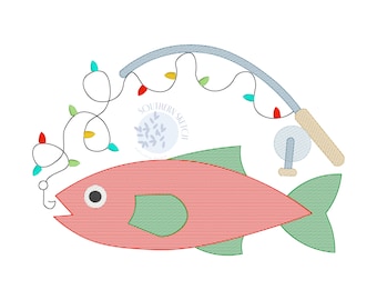 May include: A red fish with a green fin is caught on a fishing rod with a string of colorful Christmas lights wrapped around it. The text "Southern Stitch" is on a white circle.