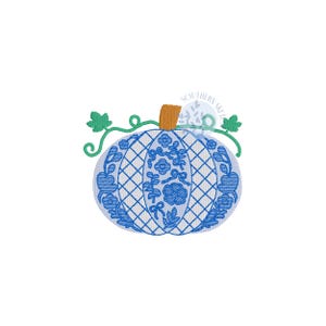 May include: A blue and white embroidered pumpkin design with a lattice pattern, floral accents, and a stem. Green vines and leaves curl around the top. The pumpkin is a fall-themed design.