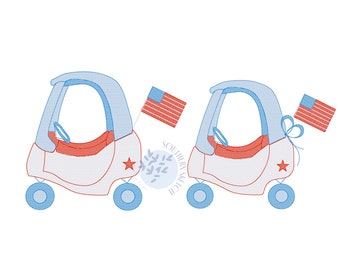 May include: Two blue and red toy cars with American flags. The cars are white with red seats and red stars on the side. The cars are on a white background.