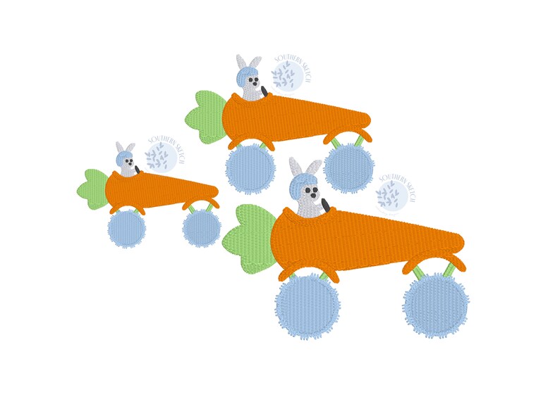 May include: Three embroidered bunny rabbits driving carrot-shaped cars with blue wheels. The bunnies are wearing blue hats and are holding the steering wheel. The carrots are orange and have green tops. The background is white.