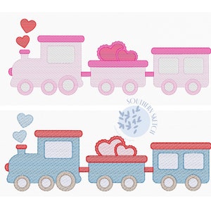 Valentine&#39;s Day Heart Train sketch fill, light fill, quick stitch machine embroidery design file 5x7