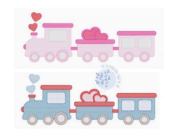 Valentine&#39;s Day Heart Train sketch fill, light fill, quick stitch machine embroidery design file 5x7