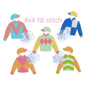 May include: Four different 4x4 fill stitch embroidery designs of jockey silks. The silks are in various colors and patterns, including blue and white checkered, green and pink diamond, orange and pink diagonal, and green and white stripes.
