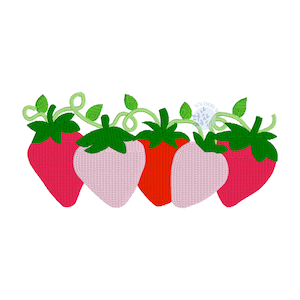 May include: Five embroidered strawberries with green leaves and vines. The strawberries are pink, red, and light pink.