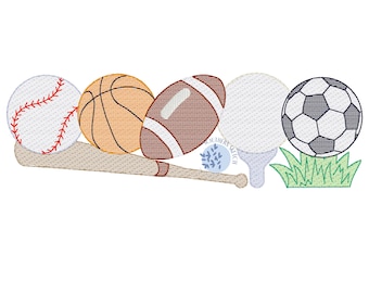Sketch Sports Baseball, Basketball, Football, Golf, Soccer Ball Machine Embroidery Design 4x4, 5", 5x7, 6x10