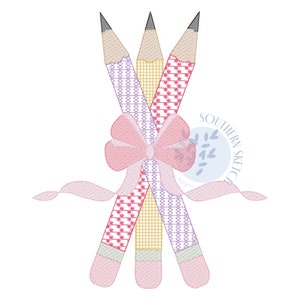 Back to School Bow Pencils Motif Sketch Fill Light Fill Quick Stitch Machine Embroidery Design File 4x4, 5&quot;, 5x7, 6x10