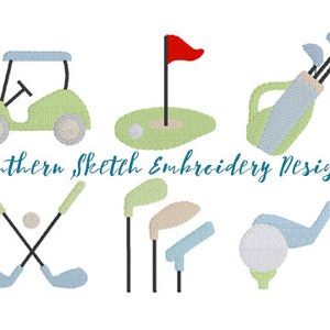 May include: A set of six golf-themed embroidery designs. The designs include a golf cart, a golf bag, a golf club, a golf ball, a golf flag, and a golf course. The designs are in a variety of colors, including green, blue, red, and white.