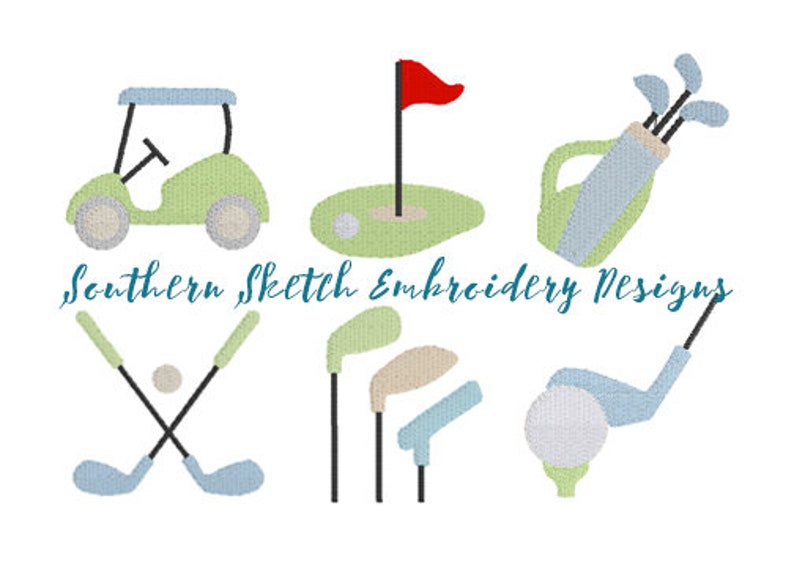 May include: A set of six golf-themed embroidery designs. The designs include a golf cart, a golf bag, a golf club, a golf ball, a golf flag, and a golf course. The designs are in a variety of colors, including green, blue, red, and white.