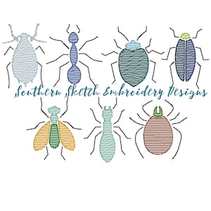 May include: A set of seven colorful insect embroidery designs. The insects include a fly, an ant, a beetle, and a spider. The designs are all in a simple, sketched style.