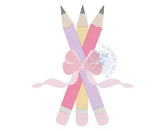 Back to School Bow Pencils Light Fill Quick Stitch Machine Embroidery Design File 4x4, 5", 5x7, 6x10