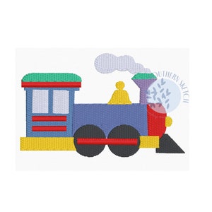May include: A colorful toy train with a green roof, blue body, red wheels, and yellow accents. The train has a smoke stack with a white cloud coming out of it.
