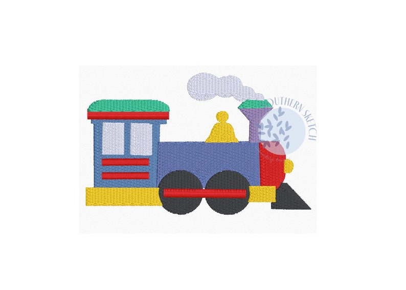 May include: A colorful toy train with a green roof, blue body, red wheels, and yellow accents. The train has a smoke stack with a white cloud coming out of it.