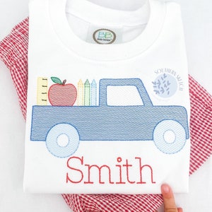 Back to School Pickup Truck Boy Apple, Ruler, Crayons Machine Embroidery Design Sketch Fill Light Fill Digital Download 4x4, 5&quot;, 5x7, 6x10