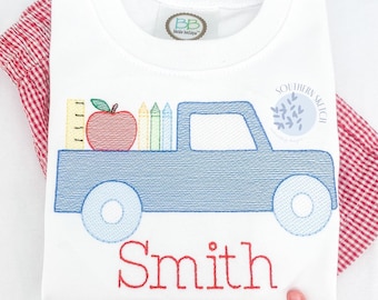 Back to School Pickup Truck Boy Apple, Ruler, Crayons Machine Embroidery Design Sketch Fill Light Fill Digital Download 4x4, 5", 5x7, 6x10