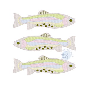 May include: Three embroidered fish designs with a light gray body, featuring internal details in pastel colors of green, pink, and blue. The fish have dark green eyes and small dark green dots. The design is on a white background.