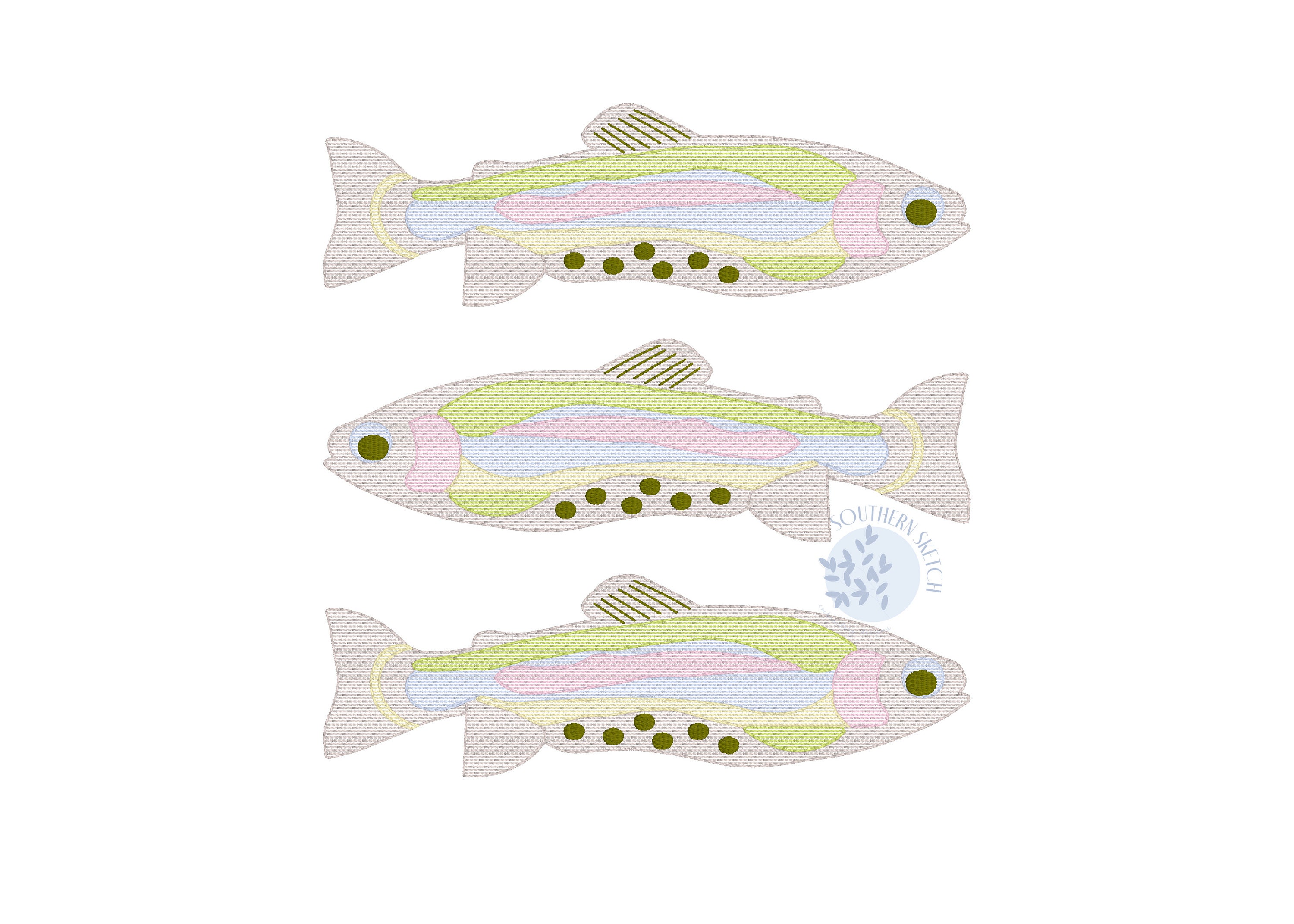 Rainbow Trout Trio Fish Boy Girl Dad Machine Embroidery Design Sketch Light Fill Fly Fishing Father Lake Creek Digital Pattern File 5x7 6x10