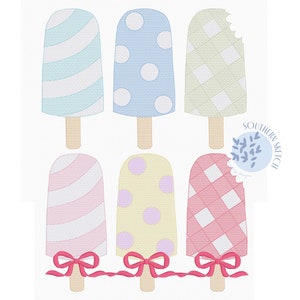 Popsicle Trio Sketch Fill with Satin Stitch Bows Gingham, Striped, Polka Dots Boy Girl Summer Machine Embroidery Design 4x4, 5&quot;, 5x7, 6x10