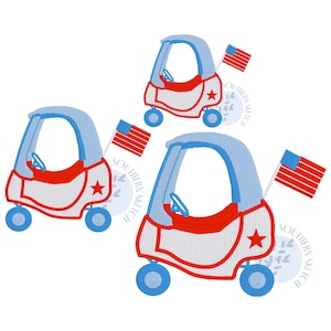 4th of July Patriotic Toddler Car Fill Stitch Machine Embroidery Design Red White Blue Flag Stars Digital Download 3 sizes