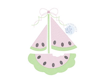 Watermelon Sailboat Bow Boats Spring Summer Girl Fruit Machine Embroidery Design Lake Beach Vacation Sketch Light Fill 4x4, 5", 5x7, 6x10