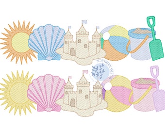 Beach Vacation Sketch Fill Light Fill Sun Shell Sand Castle Ball Toys Machine Embroidery Design 4x4, 5.5", 5x7, 6x10