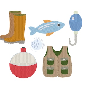 Build Your Own Fishing Designs Fishing Mini Fill Stitch Machine Embroidery Design Files 1&quot;, 1.5&quot; 2&quot; Fish Lure Waders Vest Bobber