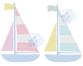 Sailboat Simple Stripe Single Boat Summer Machine Embroidery Design Ocean Lake Beach 4x4, 5", 5x7, 6x10