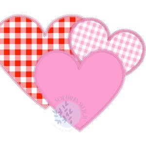 May include: Three hearts in a layered design. The top heart is pink and white gingham, the middle heart is red and white gingham, and the bottom heart is solid pink.