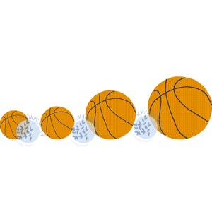 May include: A series of five orange basketballs of varying sizes, arranged from smallest to largest. Each ball features black lines that create the classic basketball design. The balls are set against a plain white background.