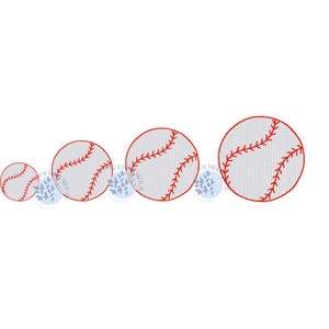 May include: Five white baseballs with red stitching, arranged in a row from smallest to largest.