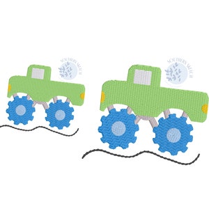 May include: Two green monster trucks with blue wheels and black tire treads driving on a black wavy line. The trucks have a white cab and yellow headlights. The text "Southern Stitch" is in a circle above each truck.
