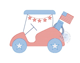 May include: Red and blue golf cart with a string of stars and an American flag on the back.
