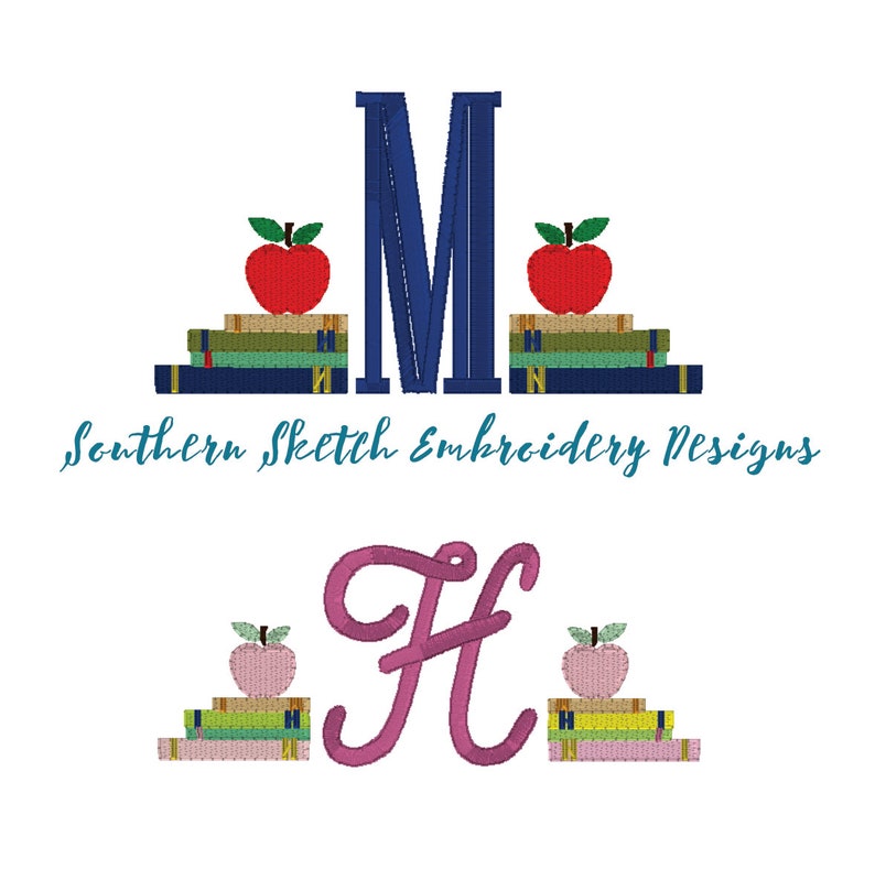 Puede incluir: Dise&ntilde;o bordado con las letras "M" y "H" en azul y rosa, respectivamente. Cada letra est&aacute; coronada con una pila de libros y una manzana roja. El texto "Southern Sketch Embroidery Designs" aparece debajo de las letras.