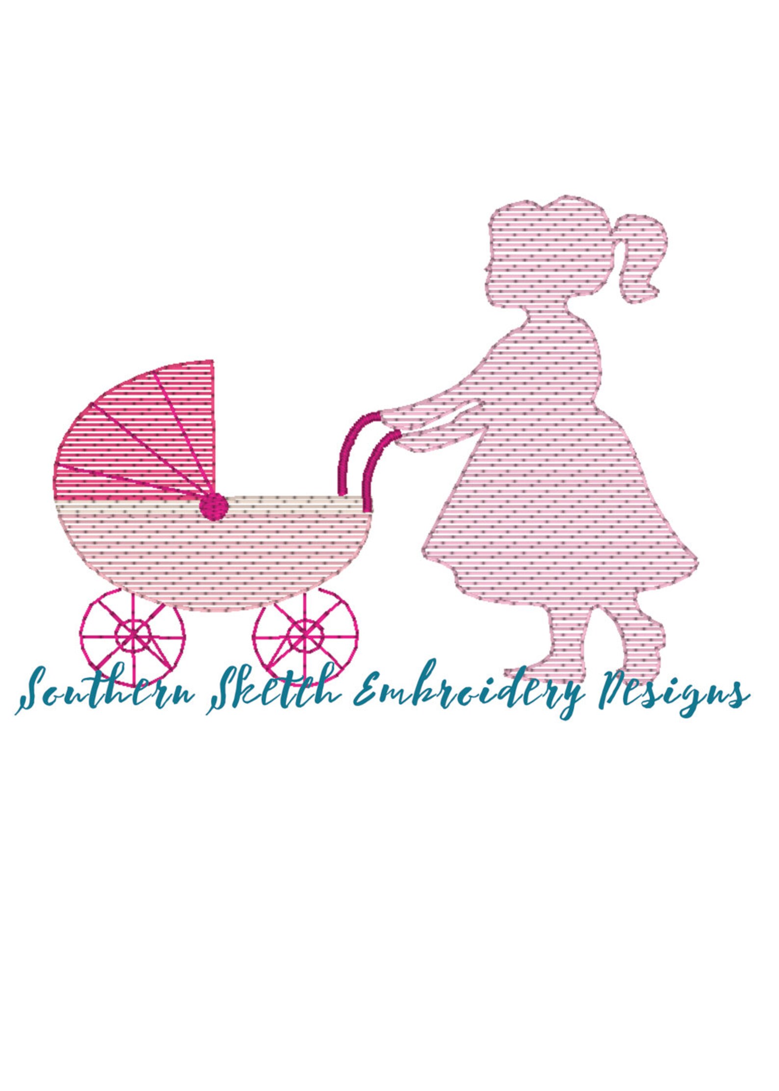 Doll Baby Girl Pushing Pram Stroller Little Sister Sketch Etsy