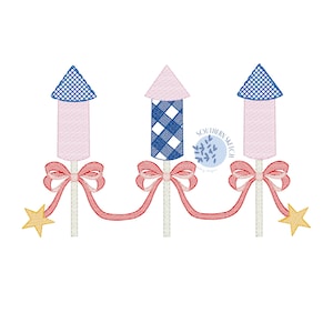 Gingham Firework Bow Trio 4th of July Rockets Sketch Fill Light Fill Patriotic Machine Embroidery Design File 4x4, 5&quot;, 5x7, 6x10