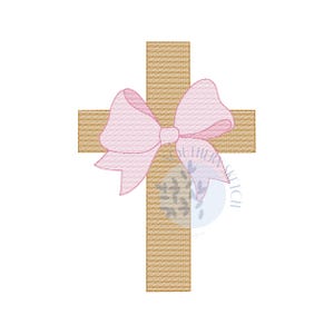 Könnte beinhalten: Ein braunes Holzkreuz mit einer rosa Schleife, die um die Mitte gebunden ist.