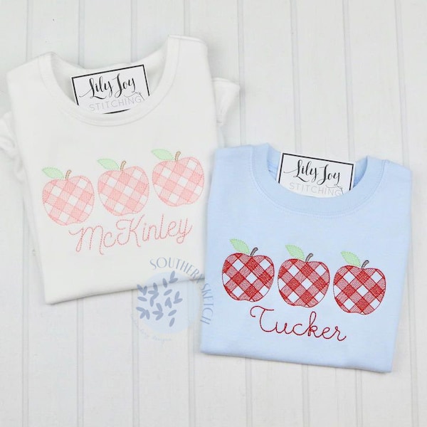 Gingham Apples Back to School Machine Embroidery Design Instant Digital Download 4x4, 5", 5x7, 6x10