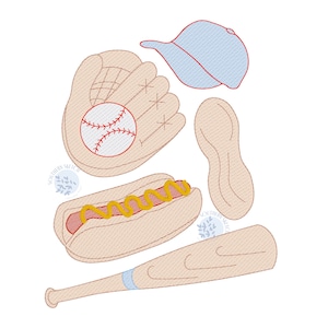 Baseball Bat, Hot Dog, Peanut, Glove, Cap Ballpark Sketch Light Fill Summer Sports Machine Embroidery Design Pattern 4x4, 5in, 5x7, 6x10