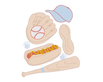 Baseball Bat, Hot Dog, Peanut, Glove, Cap Ballpark Sketch Light Fill Summer Sports Machine Embroidery Design Pattern 4x4, 5in, 5x7, 6x10