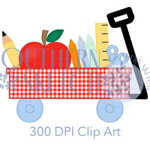 Back to School Gingham Wagon Instant Digital Download Watercolor PNG .png Clip Art File for Sublimation, Heat Transfer, and Stationery