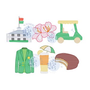 Zestaw zielonej kurtki do turnieju golfowego Szkic Light Fill Tea Lemonade, wózek golfowy, domek klubowy, klub wiejski, azalia, haft maszynowy