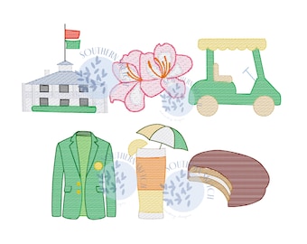 Golf Tournament Green Jacket Bundle Sketch Light Fill Tea Lemonade, Golf Cart, Clubhouse, Country Club, Azalea Machine Embroidery Design