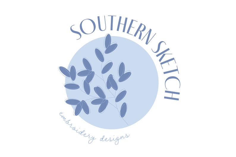 May include: A blue circle with the text "Southern Sketch embroidery designs" around the edge. Inside the circle is a stylized blue floral design.